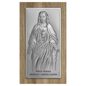 Obraz Serce Jezusa nowoczesny srebrny na drewnie z napisem | Rozmiar: 13x22 cm | SKU: BC6672S/2XL - 2874590423