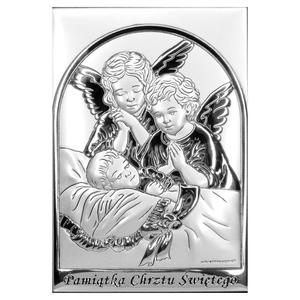 Srebrny obrazek na chrzest z anioem strem nowoczesny pamitka chrztu z napisem | Rozmiar: 6x9 cm | SKU: BC6588/2 - 2871483777