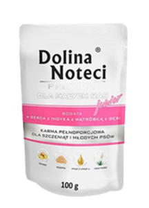 DOLINA NOTECI PREMIUM JUNIOR BOGATA W SERCA INDYKA Z WTRBK Z GSI saszetka dla szczenit ras maych 100 g - 2860439178