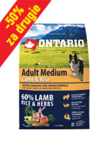 ONTARIO ADULT MEDIUM LAMB AND RICE KARMA HYPOALERGICZNA DLA PSW RAS REDNICH 750g+750g za-50% - 2870089163