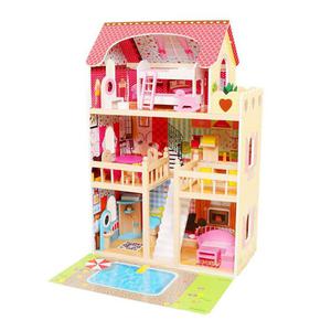 Drewniany domek dla lalek meble basen +owietlenie ECOTOYS - 2878420620