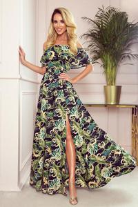194-4 Długa suknia z hiszpańskim dekoltem - zielone liście i złote łańcuszki - 2859265404