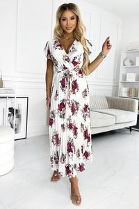 434-7 LISA Plisowana sukienka midi z dekoltem i falbankami - BORDOWE RӯE - 2875163629