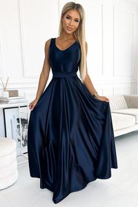 508-1 CINDY duga satynowa suknia z dekoltem i kokard - GRANATOWA - 2876249711