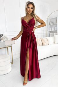 512-6 JULIET elegancka duga satynowa suknia z dekoltem i rozciciem na nog - BORDOWA - 2877846075